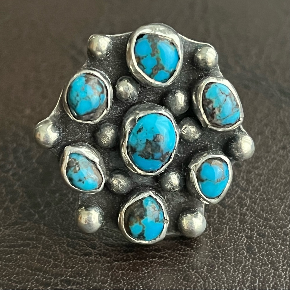 Vintage Turquoise and sterling silver cluster ring - Picture 5 of 10